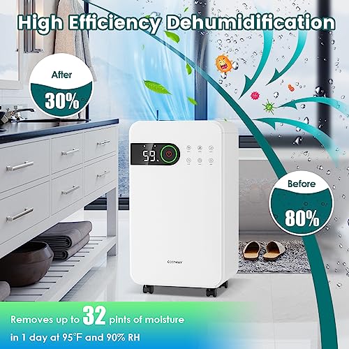 COSTWAY 32 Pint Basement Dehumidifier with Wheels and Sleep Mode
| COSTWAY 24H Timer and 3-Color LED Indicator Light De