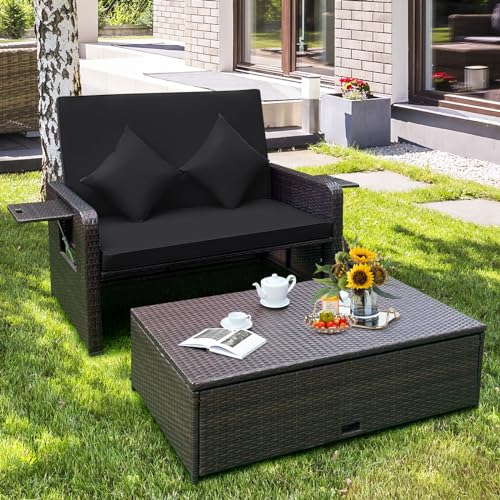 COSTWAY Black Patio Rattan Daybed with Cushions (Outdoor Wicker Loveseat Sofa with Storage Ottoman, 4-Level Adjustable B