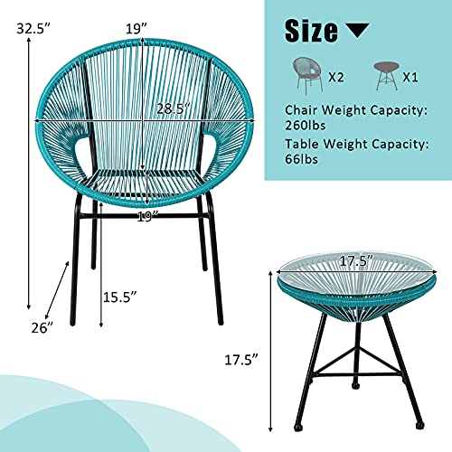 COSTWAY Turquoise 3-Piece Outdoor Acapulco Chair Set for Garden, Balcony, Lawn Backyard Furniture