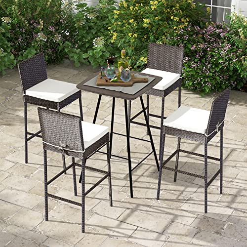 COSTWAY Brown Outdoor Wicker Bar Stools Set of 4 for Patio Backyard Deck with Cushion and Footrest