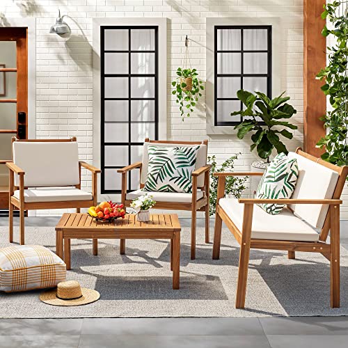 Flamaker FSC Certified Acacia Wood Patio Conversation Sofa Set for Outdoor Deck and Balcony
| Flamaker 4 Piece Outdoor